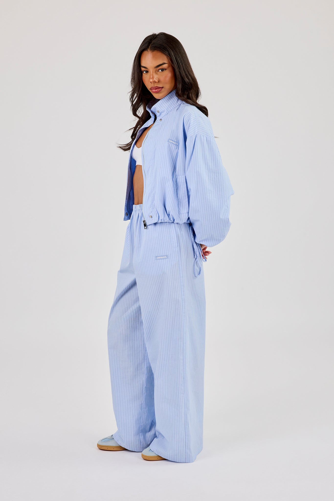 Nylon Striped Funnel Neck Jacket & Wide Leg Trouser Baby Blue